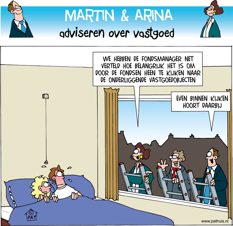 Martin & Arna adviseren over vastgoed strip, waar Arna en Martin een investeerder vermelden dat het belangerijk is om naast de fondsen belangerijk is te kijken naar de vastgoedobjecten, inclusief naar binnen, waar twee mensen in bed liggen.